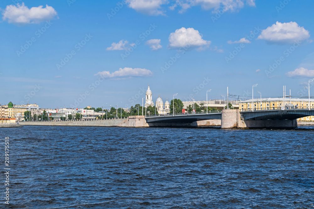 Petrogradsky island with St. Vladimir's Cathedral and Tuchkov Bridge across Little Neva River in Saint Petersburg, Russia