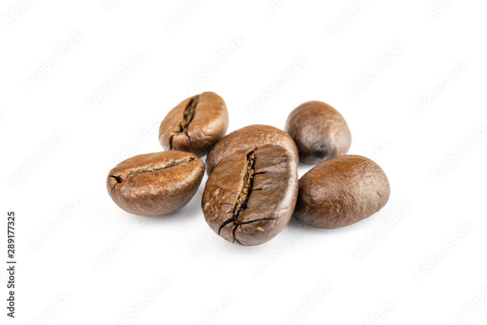Roasted coffee beans for espresso, cappuccino on white background. Roasted coffee beans for espresso, cappuccino on white background.