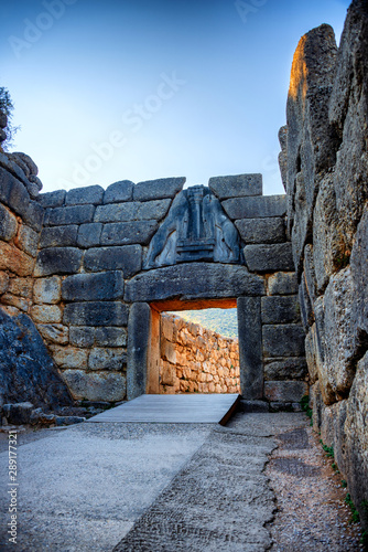 Lion gate, the main entrance of the citadel of Mycenae. Archaeological site of Mycenae in Peloponnese, Greece. In the second millennium BC, it was one of the major centers of Greek civilization. photo