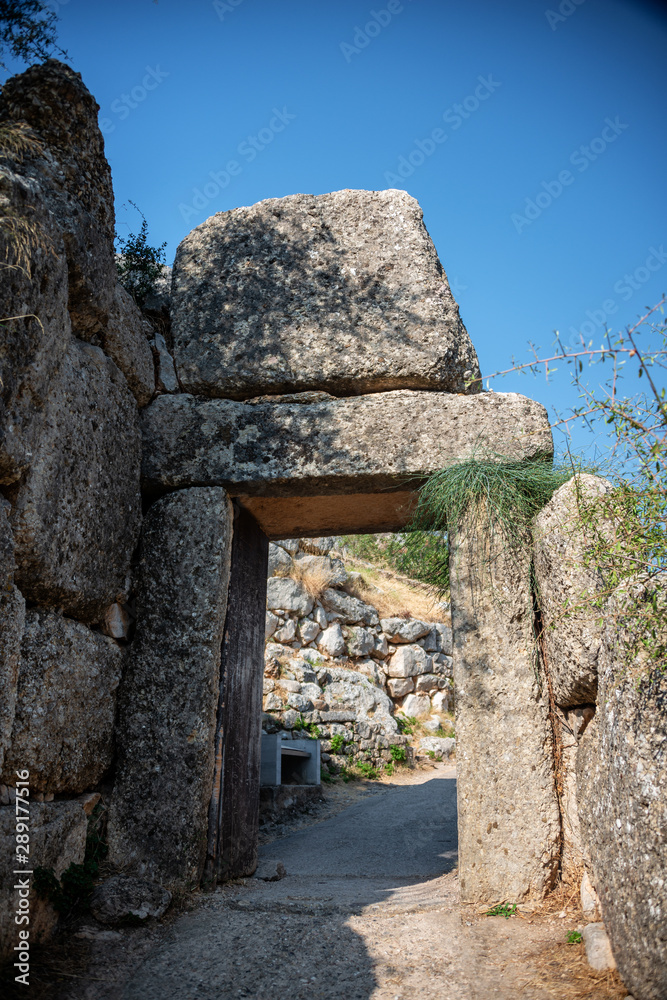 The north gate of the palace of Mycenae. Archaeological site of Mycenae in Peloponnese, Greece