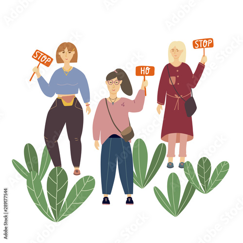 Group of women protest. Human rights, women with posters. The concept of women's law, women for or against something. Femen interracial, reusable strike.
