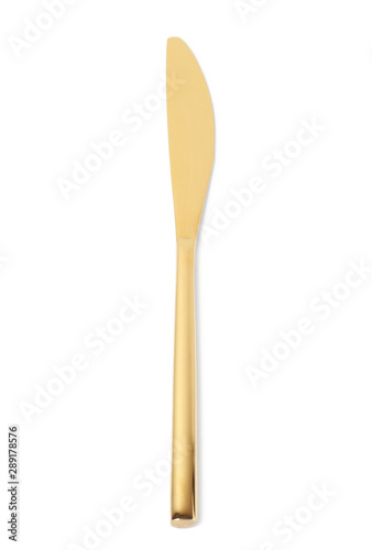 Stylish clean gold knife on white background, top view