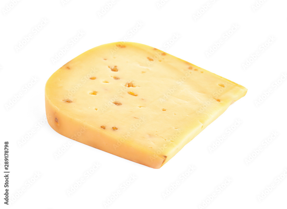 Piece of tasty cheese with fenugreek isolated on white
