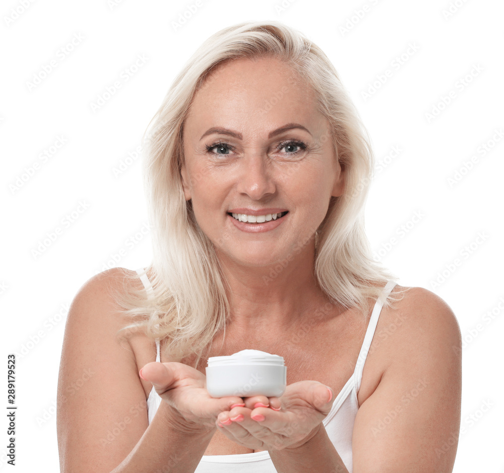 Portrait of beautiful mature woman with perfect skin holding jar of cream on white background Portrait of beautiful mature woman with perfect skin holding jar of cream on white background