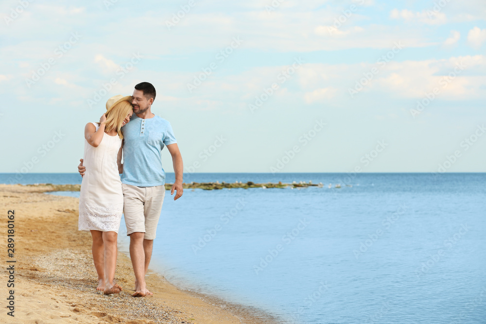 Happy romantic couple walking on beach, space for text Happy romantic couple walking on beach, space for text
