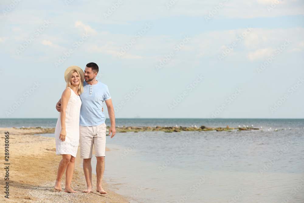 Happy romantic couple walking on beach, space for text Happy romantic couple walking on beach, space for text