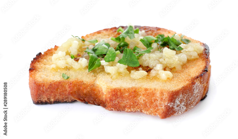 Slice of toasted bread with garlic and herb on white background Slice of toasted bread with garlic and herb on white background
