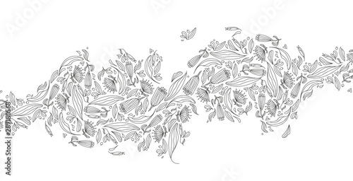 Motif de feuilles, envol floral, saison automne, dessin au trait, ornement pour faire-part, pattern, arrière-plan