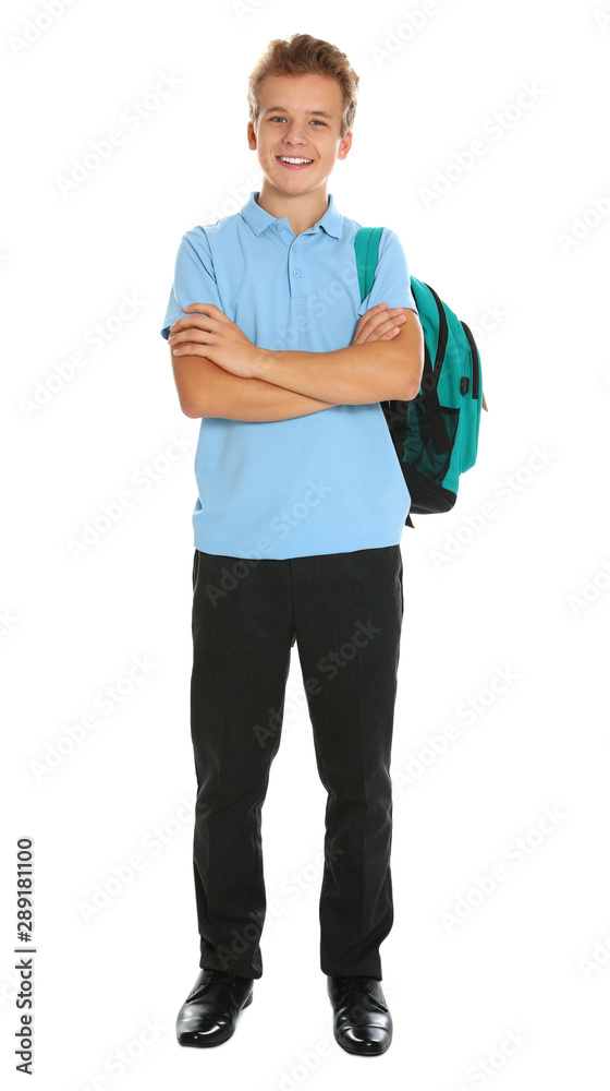 Happy boy in school uniform on white background Happy boy in school uniform on white background