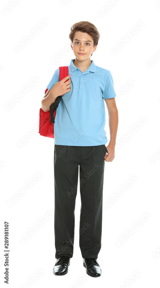 Happy boy in school uniform on white background Happy boy in school uniform on white background