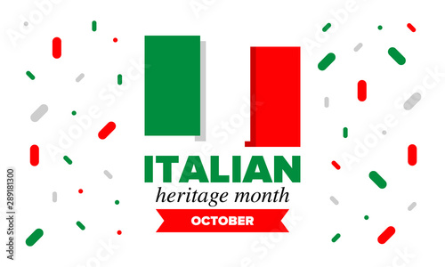 National Italian American Heritage Month. Happy holiday celebrate annual in October. Italy and United States flag. Culture month. Patriotic design. Poster, card, banner, template. Vector illustration