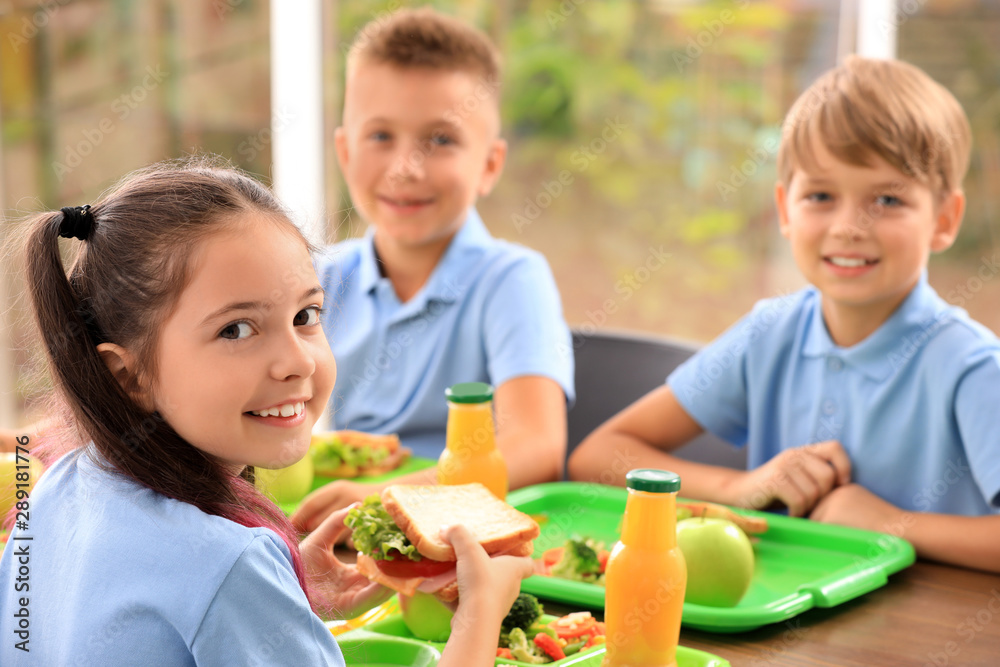 Happy children at table with healthy food in school canteen • wall stickers  unhealthy, tray, tasty
