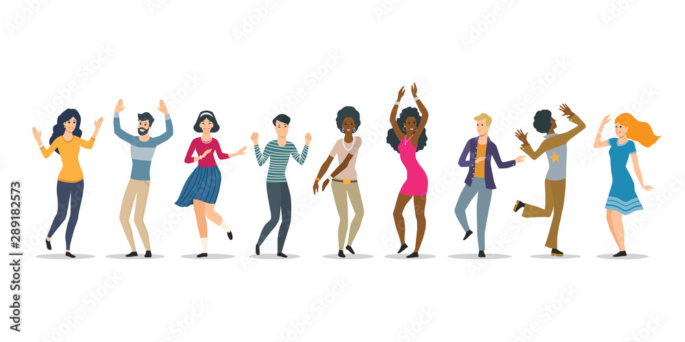 Happy dancing people. Beautiful female and male multiracial dancers. Figures are isolated on white background. Flat Vector illustration
