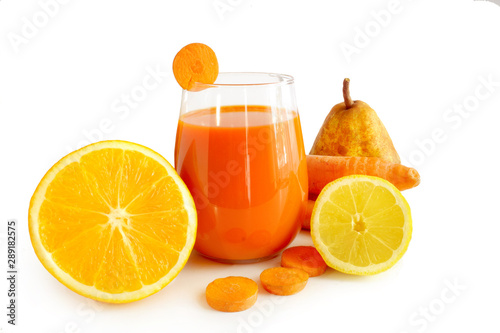 Carrot juice with orange  lemon and pear isolated on white background