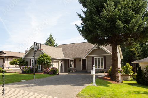 Suburban house with basketball hoop in driveway