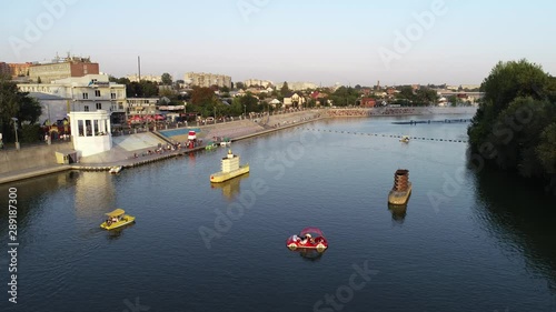 VINNITSA, UKRAINE -  June 16, 2019:  River, boat on the river, catamarans.
