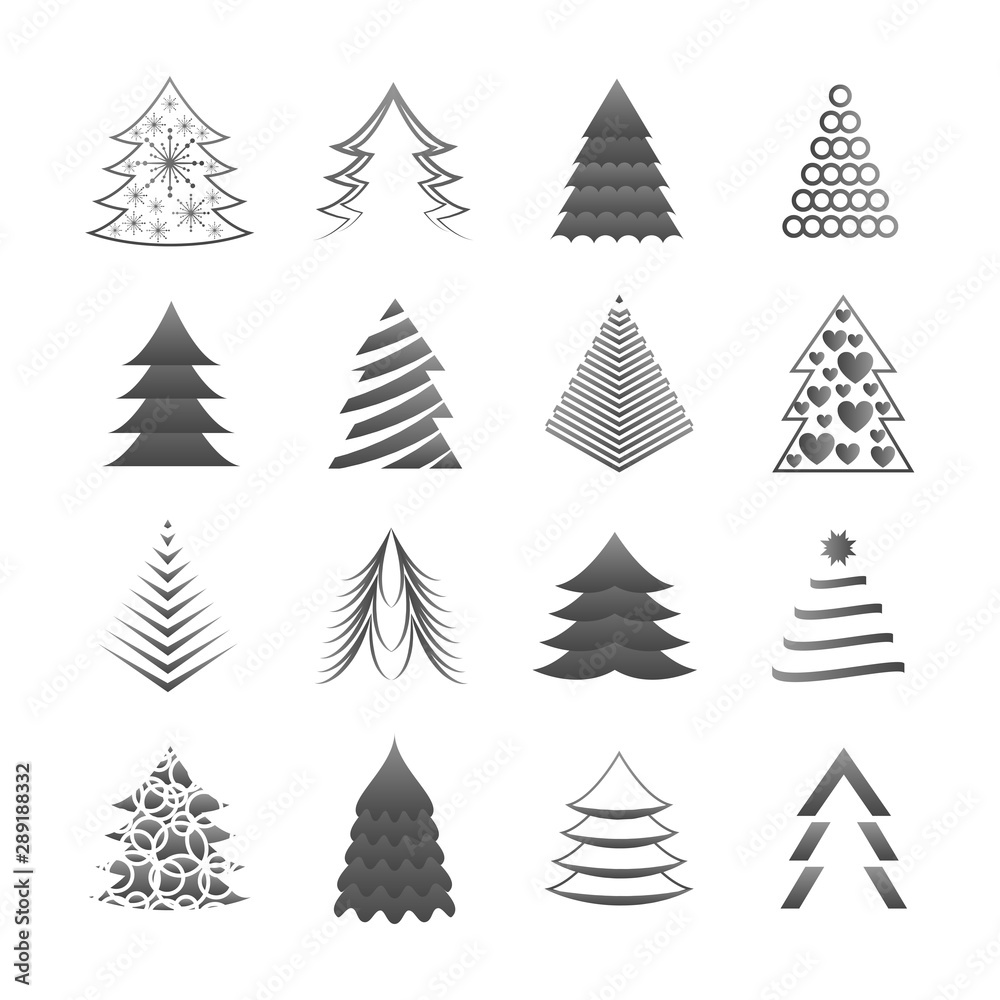 Abstract Christmas Tree Icons. Gray Silhouette Set - Isolated On White Background - Vector Illustration. Collection Of Xmas Tree Icons. Abstract Art. Flat Pictogram. Christmas Trees Modern Silhouette