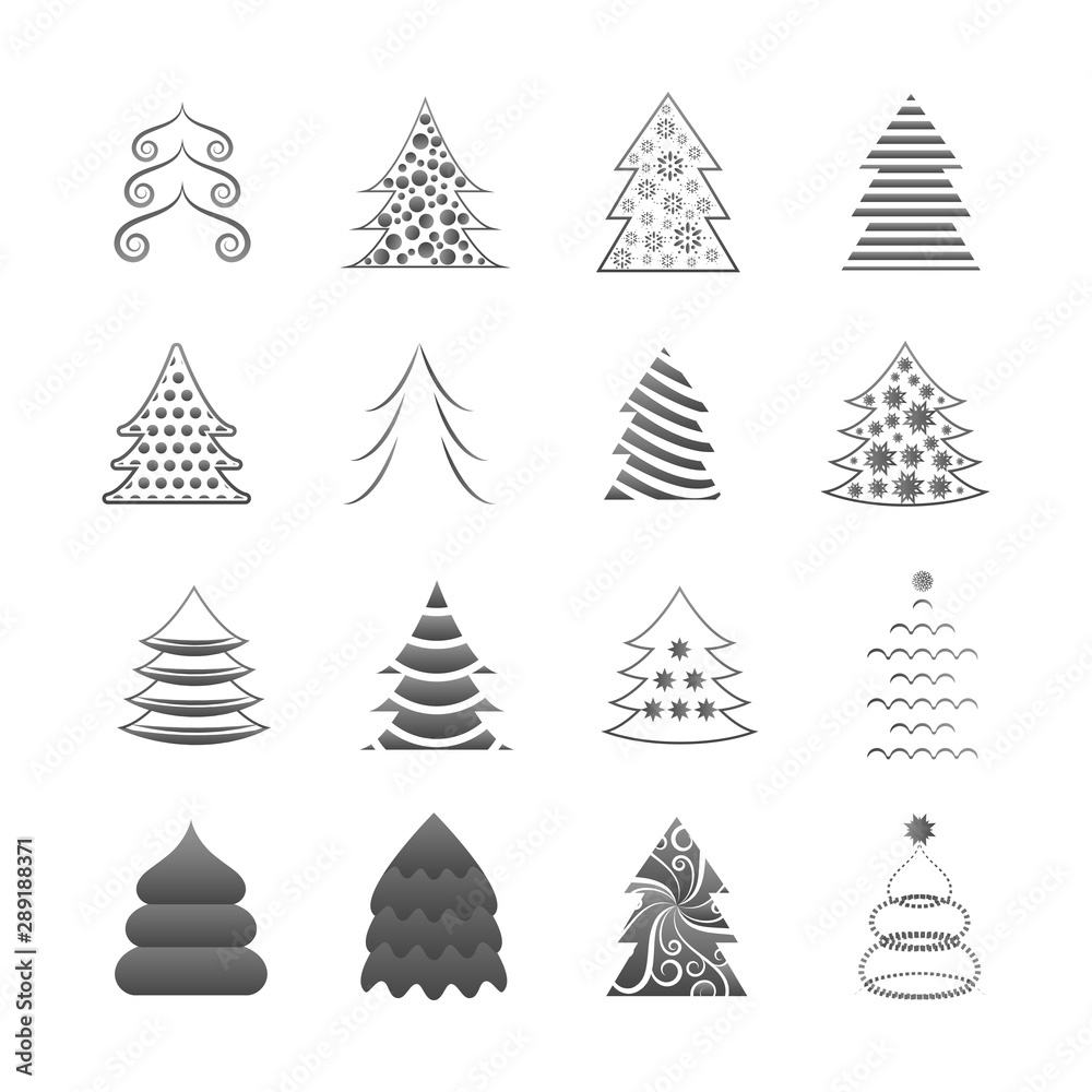 Obraz premium Abstract Christmas Tree Icons. Gray Silhouette Set - Isolated On White Background - Vector Illustration. Collection Of Xmas Tree Icons. Abstract Art. Flat Pictogram. Christmas Trees Modern Silhouette