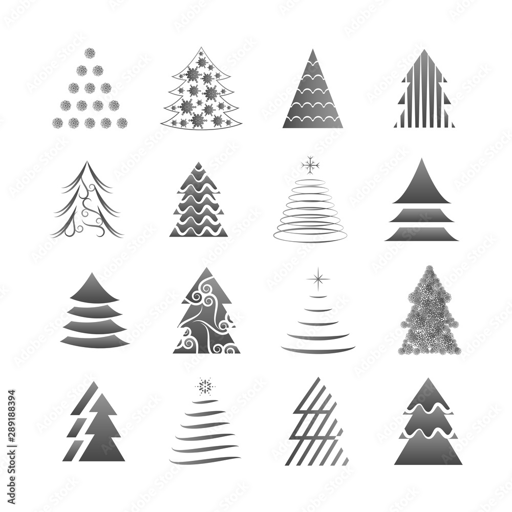 Fototapeta premium Abstract Christmas Tree Icons. Gray Silhouette Set - Isolated On White Background - Vector Illustration. Collection Of Xmas Tree Icons. Abstract Art. Flat Pictogram. Christmas Trees Modern Silhouette