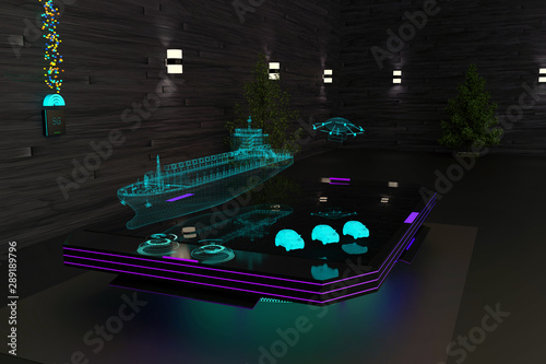 Foto 3D illustration of a diorama table with autonomous shipping, self-driving cars a