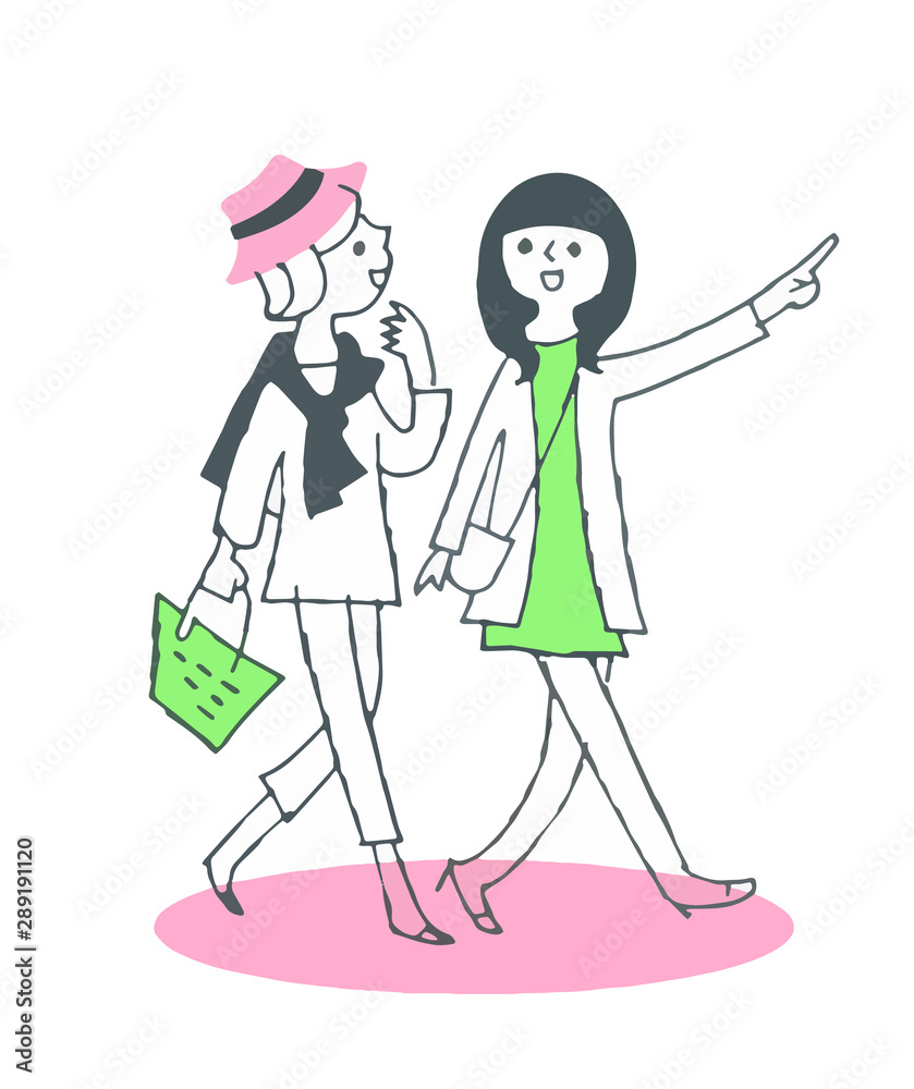 歩く女性ふたり グリーン Stock Illustration Adobe Stock