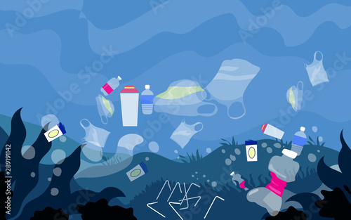 Plastic pollution trash underwater sea with different kinds of garbage - plastic bottles  bags  wastes floating in water. Sea ocean water pollution concept vector illustration.