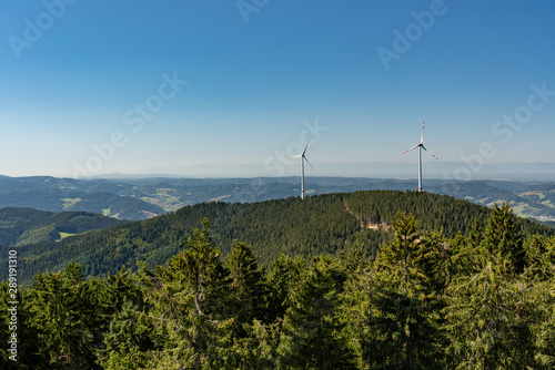 Wind turbines on the mountain peaks of the Black Forest, Germany