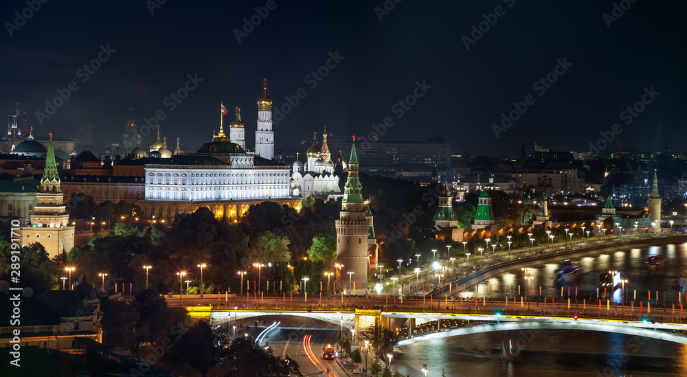Night view from the Cathedral of Christ the Savior to the Moscow Kremlin and the Moscow river