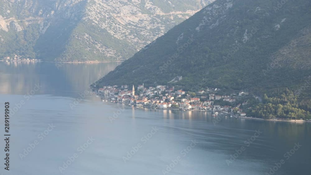 TIME LAPSE - Kotor bay - panorama of old city Perast on early morning from high angle view