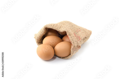 Close-up view of raw eggs in egg Sack isolated on white background