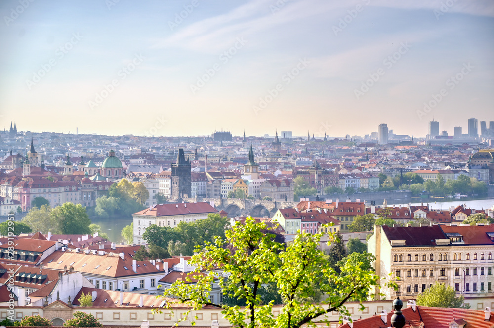The rooftops along the Vltava River in Prague, Czech Republic.