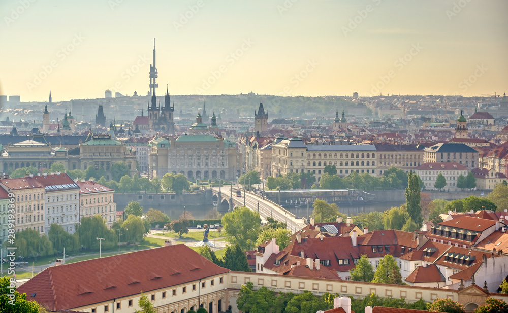 The rooftops along the Vltava River in Prague, Czech Republic.