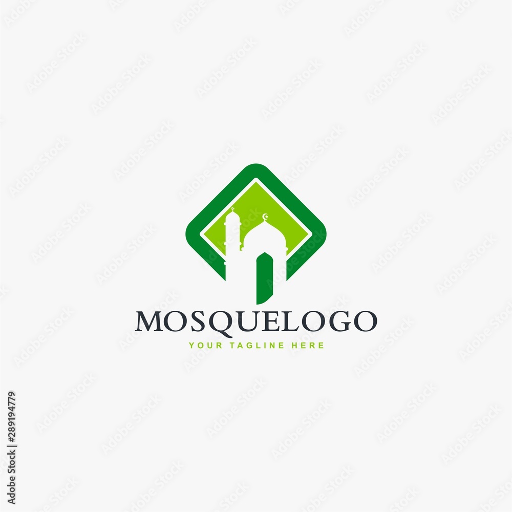 Mosque logo design vector. Islamic building illustration. Home for pray sign vector. Green color design.