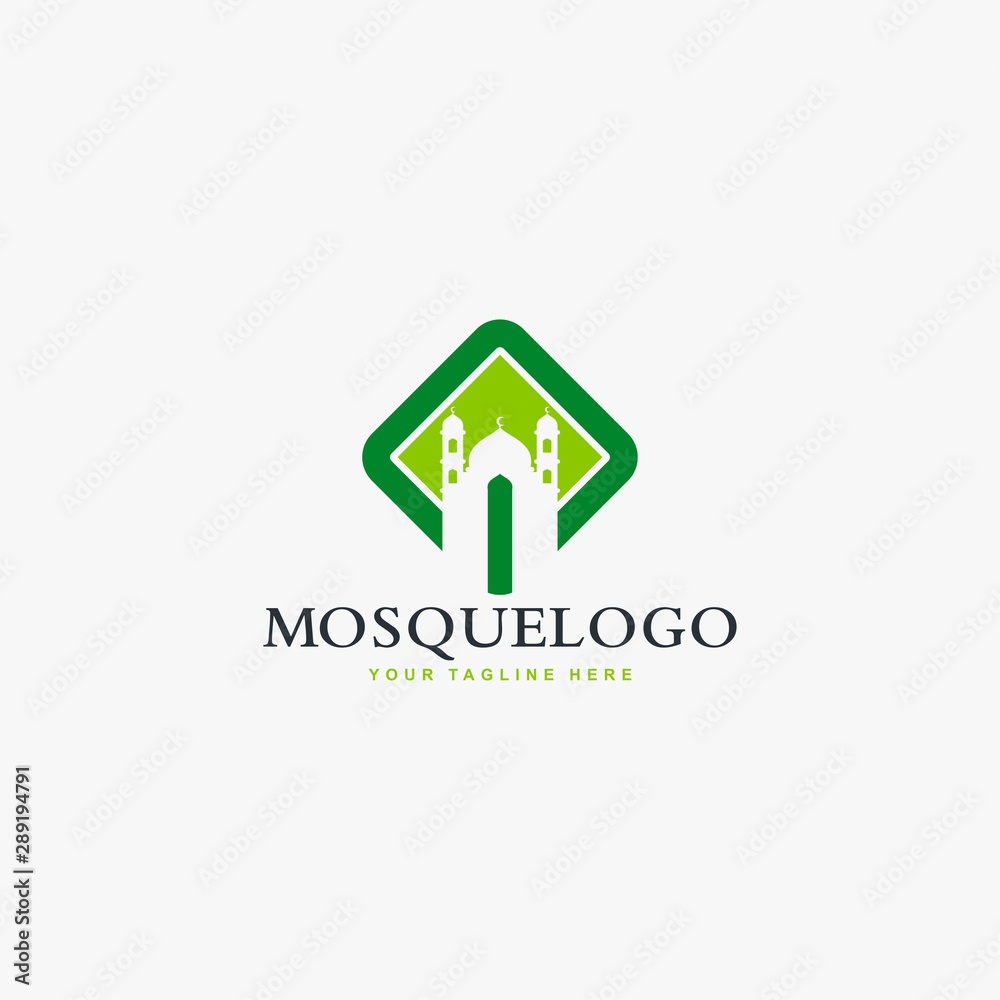 Mosque logo design vector. Islamic building illustration. Home for pray sign vector. Green color design. Mosque logo design vector. Islamic building illustration. Home for pray sign vector. Green color design.
