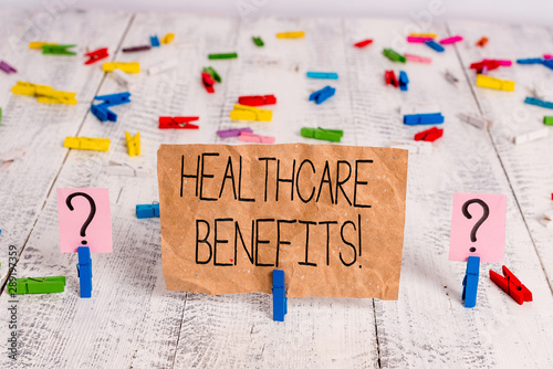 Text sign showing Healthcare Benefits. Business photo text monthly fair market valueprovided to Employee dependents Scribbled and crumbling sheet with paper clips placed on the wooden table
