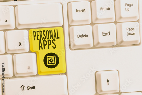 Handwriting text Personal Apps. Conceptual photo Organizer Online Calendar Private Information Data White pc keyboard with empty note paper above white background key copy space photo