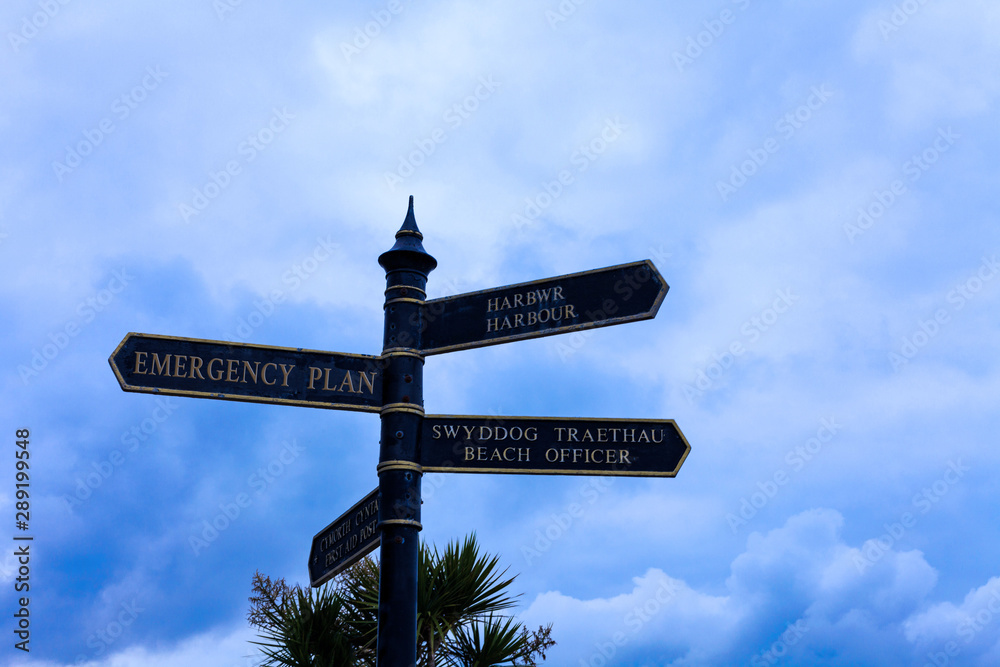 Fototapeta premium Writing note showing Emergency Plan. Business concept for procedures for handling sudden or unexpected situations Road sign on the crossroads with blue cloudy sky in the background