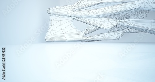 Drawing abstract architectural white interior of a minimalist house with large windows. 3D illustration and rendering.