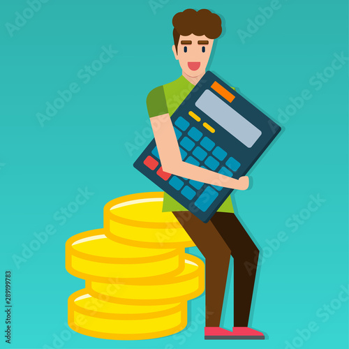 man sitting on coin money and holding on calculator for business concept vector illustration