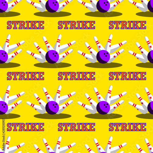 Ball bowls hit all falling pins and strike.Pattern vector illustration. 