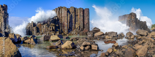 Panorama of waves breaking over basalt rock formations and rockpools at Bombo Headland quarry, New South Wales coast, Australia photo