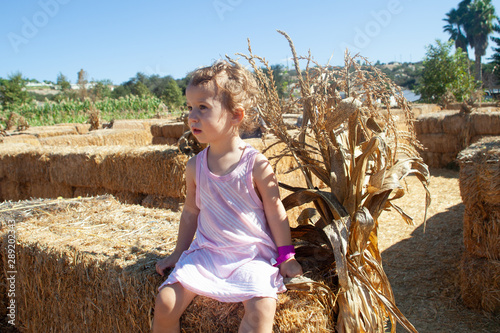 Little girl on top of haystack