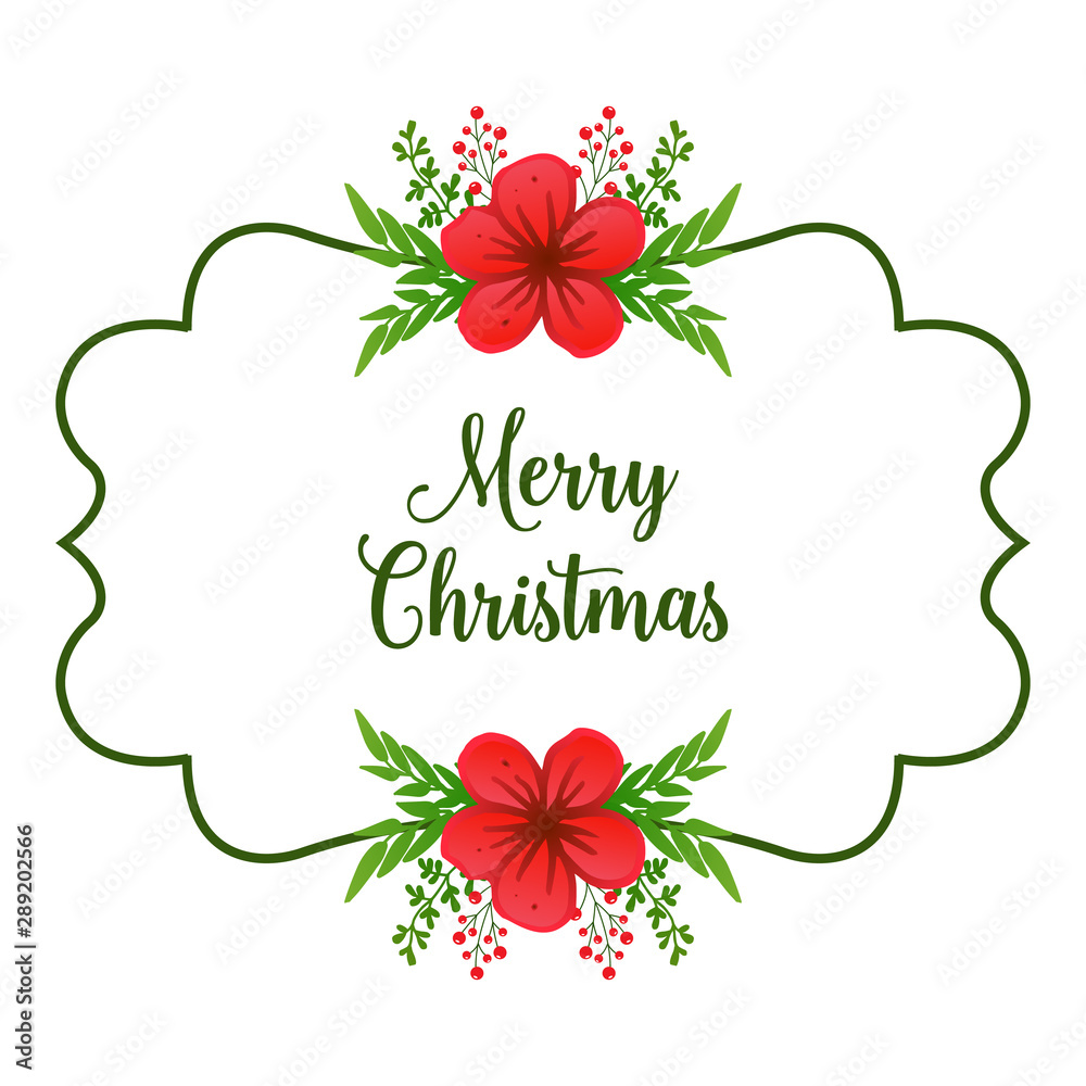 Calligraphy lettering of merry christmas, with art of unique green leafy flower frame. Vector