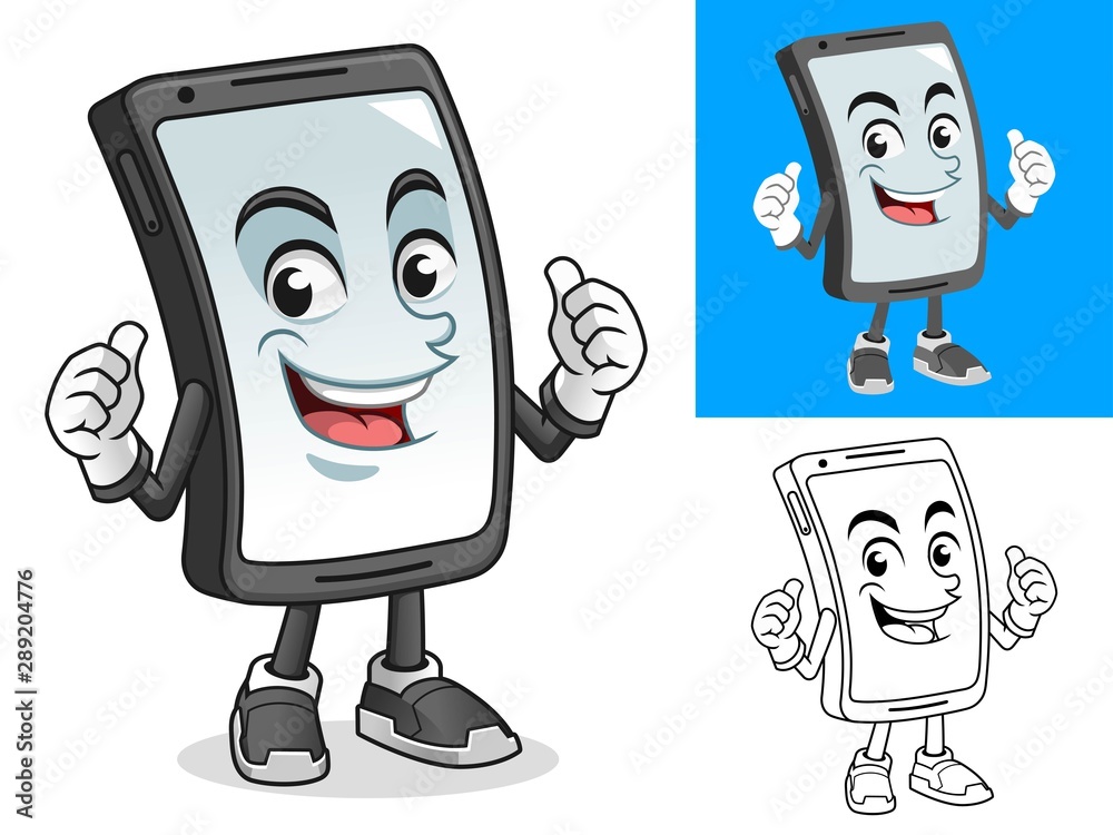 Smartphone with Thumbs Up Gesture Cartoon Character Mascot Illustration, Including Flat and Black and White Designs, Vector Illustration, in Isolated White Background.