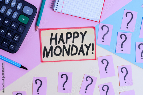 Text sign showing Happy Monday. Business photo text telling that demonstrating order to wish him great new week Mathematics stuff and writing equipment above pastel colours background