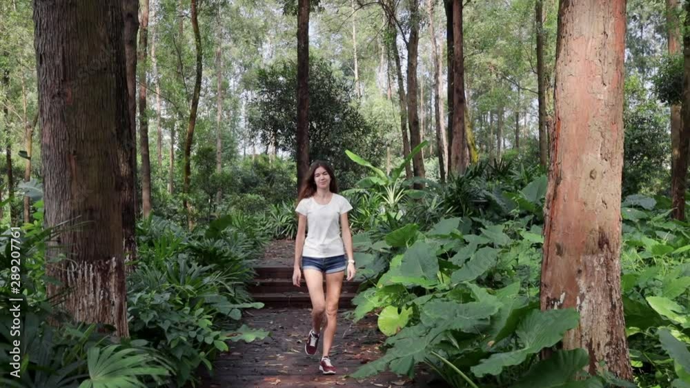 A young dark-haired girl of European appearance walks in a city park in China. Guangzhou A young dark-haired girl of European appearance walks in a city park in China. Guangzhou