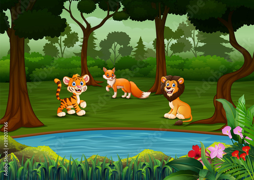 Cartoon many wild animals in the forest