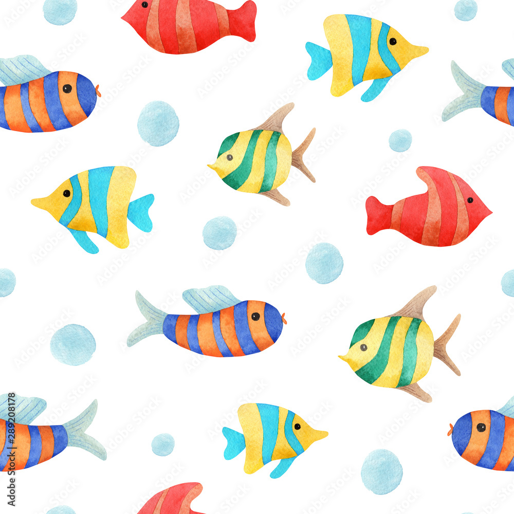 Seamless pattern with colorful watercolor fishes. Hand-drawn watercolor elements. Sea life. Underwater.