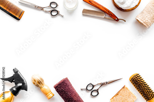 Barbershop concept. Hairdressing tools on white background top view copy space