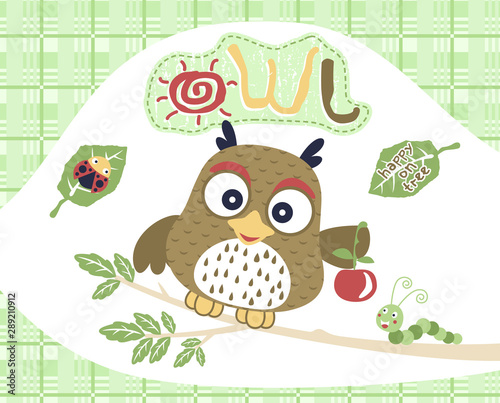 cute owl in the tree with little friends, vector cartoon illustration photo